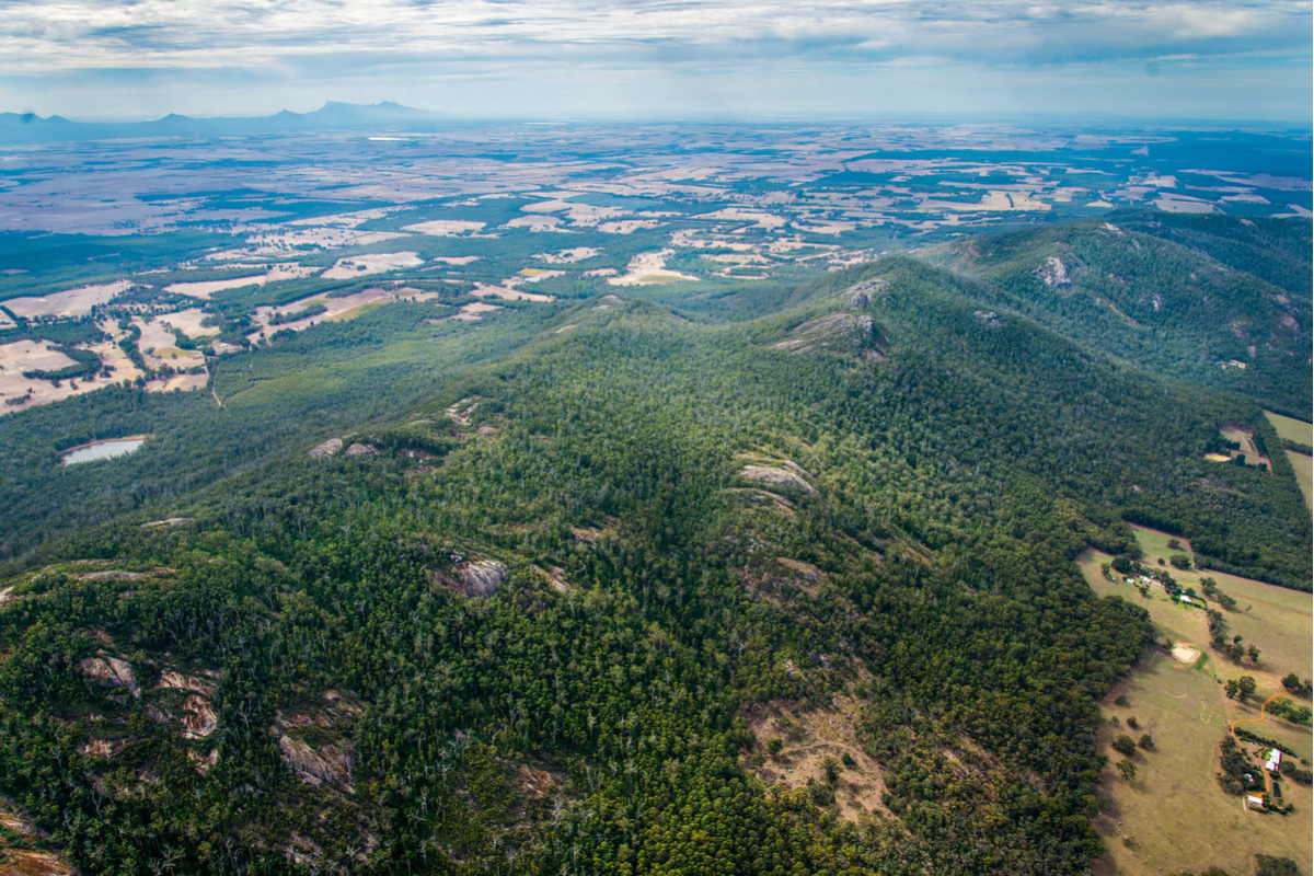 An aerial view of a lush, green landscape with a winding river or waterway cutting through the terrain.